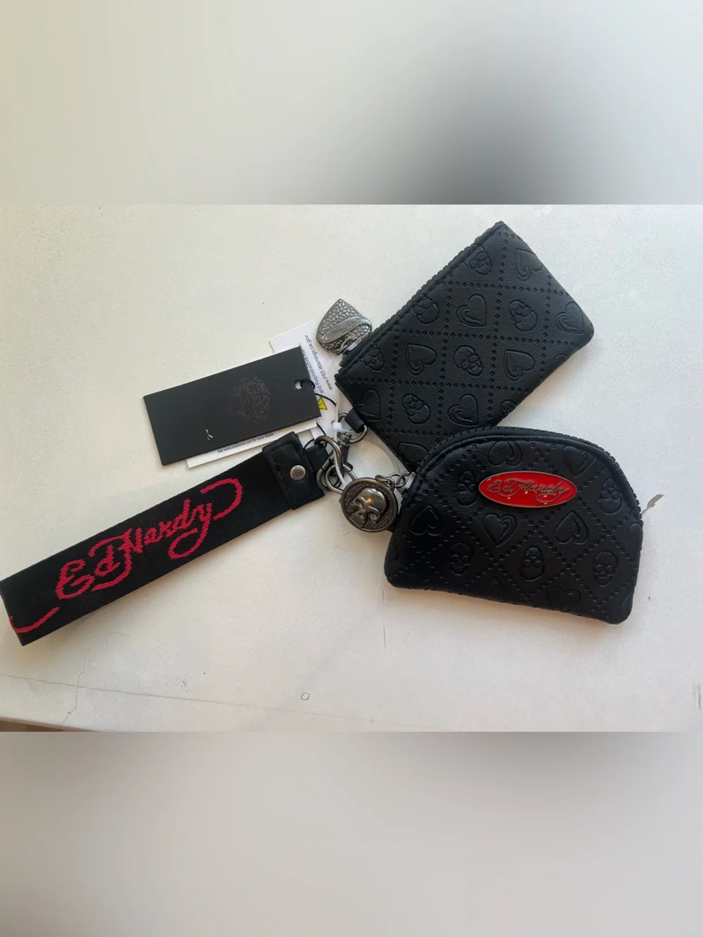 Ed Hardy Black Wristlet Keychain Coin/Card Pouch with Red Logo Strap